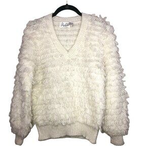 Vintage ROCHELLE CALIFORNIA Womens White Shaggy Loop Knit V-Neck Sweater